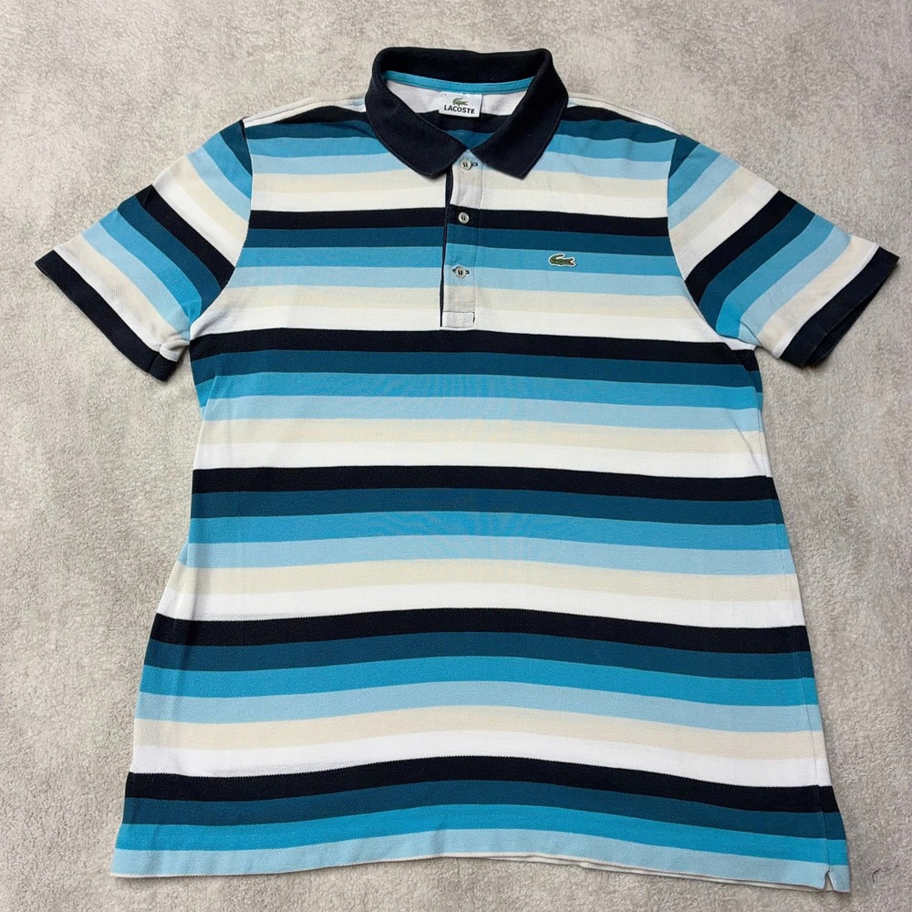 Lacoste Striped Pique Cotton Polo Shirt Blue Striped Logo F5181 Mens 5 / Large